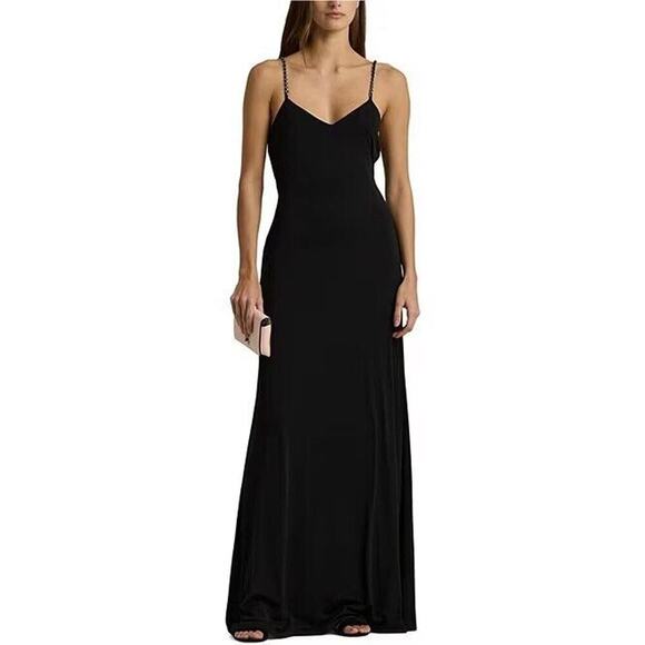 Lauren Ralph Lauren Jersey V-Neck Chain Strap Drape Knotted Open Back Size 12 - Picture 1 of 8